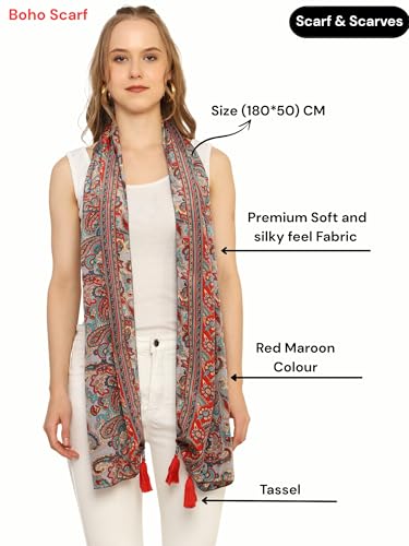 KE KANHA EXPORT Women Scarf|Stole For Women|Scarf For Women Stylish|Stall For Women|Border Print Face Cover Head Wrap|Boho|Beach|Multicolor|Easily fits S-M-L|180x50cm|Pack Of 1