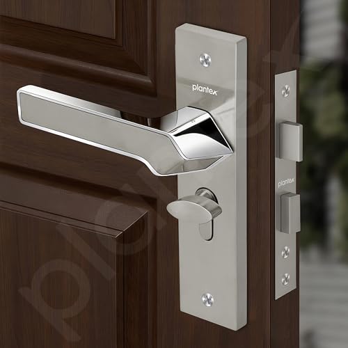 Image of Plantex Heavy-Duty Door Lock /Door Handle Set with 3 Years of Warranty /Mortise Lock with 3 Keys, Brass Lockbody & Cylinder (8133 - Satin Steel & Chrome)