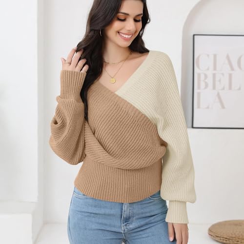 Image of Women's Wrap V Neck Knit Sweaters Batwing Long Sleeve Cross Front Drop Shoulder Fall Pullover Tops