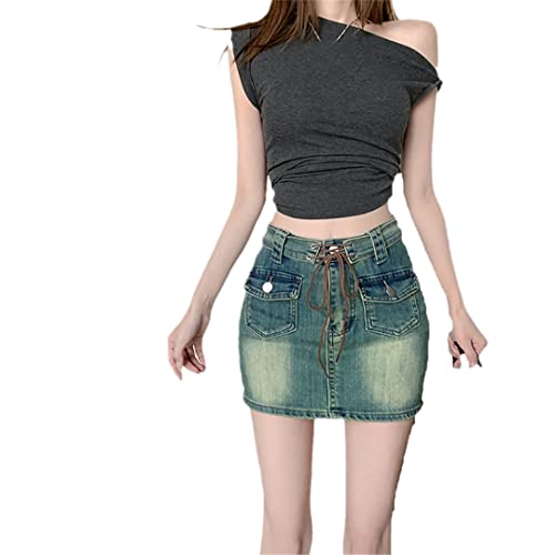 Mini jupe à lacets bleu femme Alloaone taille haute chic décontracté 44