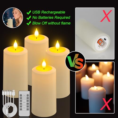 Image of SoulBay USB-C Rechargeable Flameless Pillar Candles with Remote, 4 Pack | Magic Blow Out Feature, Fake Electric Candles, Timer, For Indoor Home Decor, Lanterns, Christmas, Parties