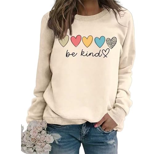 QUDWFOHY Be Kind Sweatshirt Women Inspirational Graphic Tees Fall Long Sleeve Pullovers Kindness Teacher Crewneck Tops (US Alpha Medium Regular Regular Beige)