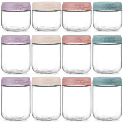 Image of NETANY 12 Pack Overnight Oats Containers with Lids, 16oz & 10oz & 8oz Mason Glass Jars