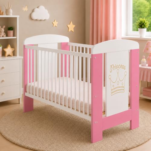 Best For Kids Set completo de cuna de bebé en 3 colores: cuna con rejilla, cuna de bebé con colchón de espuma de 10 cm, cuna infantil, cuna de bebé blanca, 60x120 cm, 4 piezas (Rosa-Princesa con