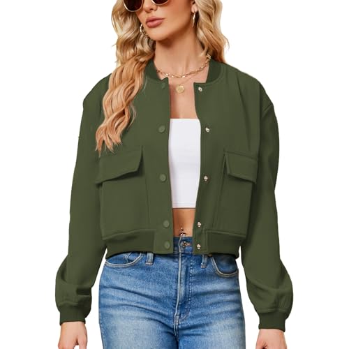 Zando Bomber Jacket Women 2026 - Short Cropped Jacket Women Button Down Long Sleeve Casual Varsity Jackets with Pockets