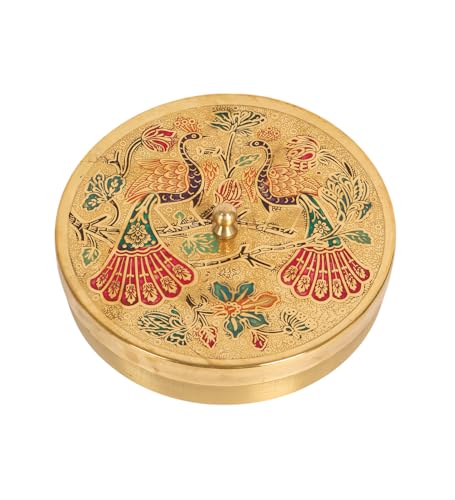 Image of Two Moustaches 6 Inches Twin Peacock Carved Brass Spices Box Set, Brass Masala Box for Kitchen, Housewarming Gifts, 7 Containers & 1 Spoon, Multicolored, Pack of 1