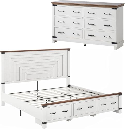AMERLIFE 2-Piece Farmhouse Wood Bedroom Set, Includes Rustic King Size Bed Frame with 54' Tall Headboard, 6 Drawers Large Dresser Chests, Heavy Duty Thick Plank Styling, Antique White