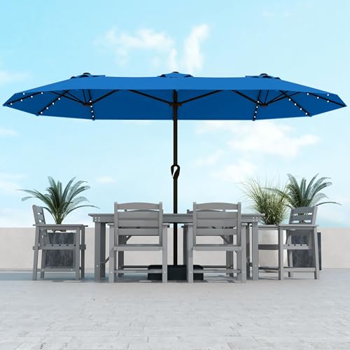 Kingdura 15ft Large Patio Umbrella with Solar Lights Double-Sided Rectangle Outdoor Table Umbrella with Base Included 12 Reinforced Ribs 48 Led Lights Crank Lift for Market Pool Deck Royal blue