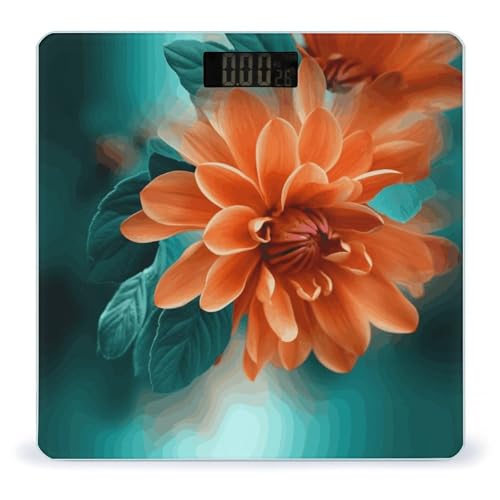 Báscula digital de baño con diseño floral en turquesa y naranja