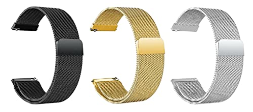 Image of ACM Pack of 3 Watch Strap Magnetic Loop 20mm compatible with Compaq Q Watch Smartwatch Metal Chain Band (Black /Champagne Gold /Silver)