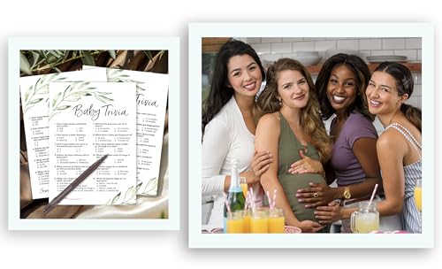 Inscape Creations Greenery Baby Shower Games — Baby Trivia Game — Pack of 25 — Fun Facts Trivia Green Olive Branch, Floral Rustic Gender Neutral Couples Shower Activity Reveal Party G320-TRV