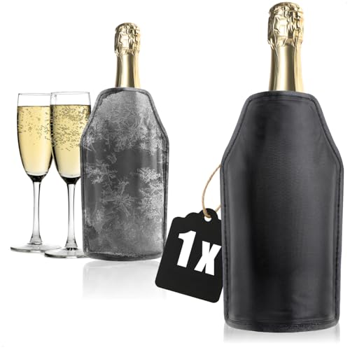 COM-FOUR® Enfriador de botellas para llevar - Funda para enfriar champán con banda elástica - Funda refrigerante para vino espumoso, vino, cerveza y refrescos (1 pieza - negra)