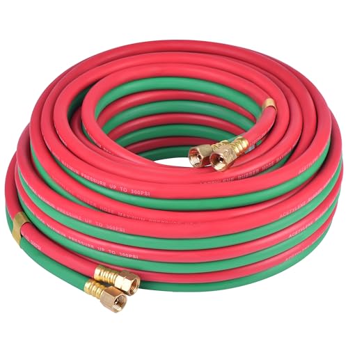 RainBello Oxygen Acetylene Hose Twin Welding Hose 1/4 50FT - 300 PSI Red & Green Torch Hose with 9/16-18 B Fittings Grade R for Gas Welding Cutting & Brazing