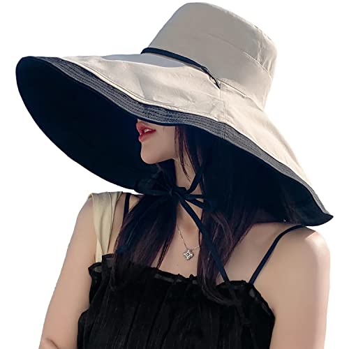 Image of HUAMULAN Women Sun Hat Summer Bucket Beach Boonie Cotton Cap Wide Brim UPF 50