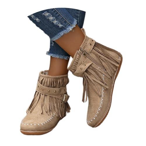 MEECHI Botines con Flecos Y Tachuelas Botas De Vaquero Occidentales Retro for Mujer Boots Ante...