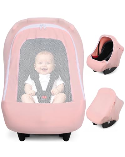 Image of Metplus Baby Girl Car Seat Cover with Mesh Window, Breathable Carseat Canopy, Windproof Summer Sun Shade, Infant Carrier Stroller Covers, Stretchy Universal Fit (Pink)