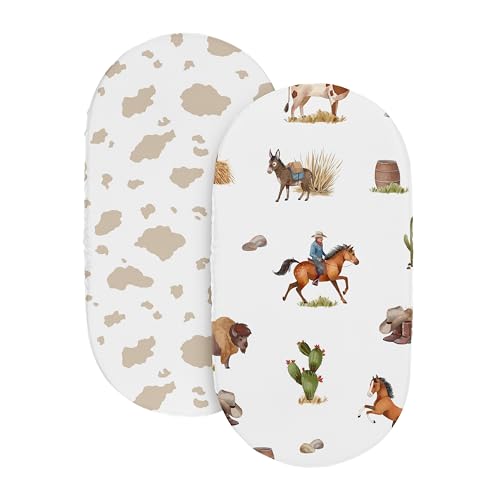 Image of Sweet Jojo Designs 2-Piece Baby Bassinet Sheets Set (Western Cowboy) for Boys, Infant Newborn Nursery, Oval, Rectangle & Hourglass Mattress (Cow Print & Wild West Southern Charm, Country, South Horse)