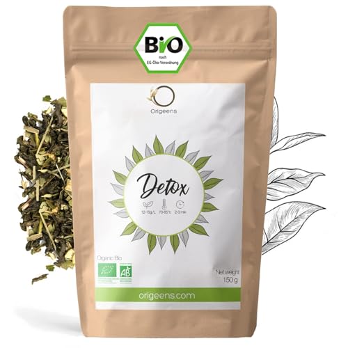 BIO DETOX TEE ZUM ABNEHMEN 150g, 60 Tassen - Heiß & Eistee - Bio Loser Tee mit Grüner Tee, Mate Tee, Zitronengras, Brennnessel, Ingwer und Zitrone - Verpackt in Deutschland