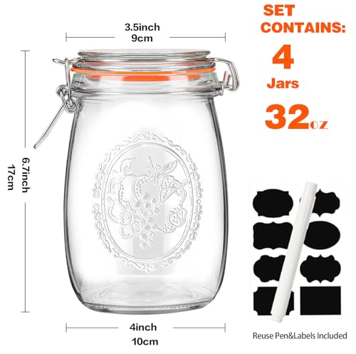 Image of 32oz Wide Mouth Glass Jars 4 Pack with Airtight Hinged Lids, Large Clear Kitchen Canisters with Measurement Marks & Decorative Fruit Design for Flour, Coffee, Beans, and Canning (4pack-32oz)