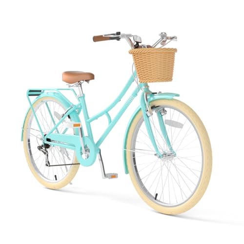Image of XJD 20 24 26 Inch Girls Bike, 7-Speed Beach Cruiser Bike for Girls Youth and Over 6 Years Old, Kids Bicycles with Dual V-Brakes Rear Rack & Wicker Basket