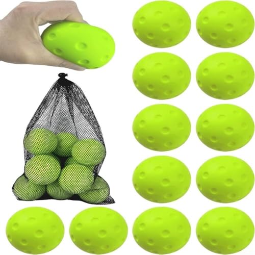 Lot de 12 balles de pickleball silencieuses, en mousse PU souple pour intérieur et extérieur avec sac de rangement pour débutants et seniors, faible bruit, jaune/vert (vert)