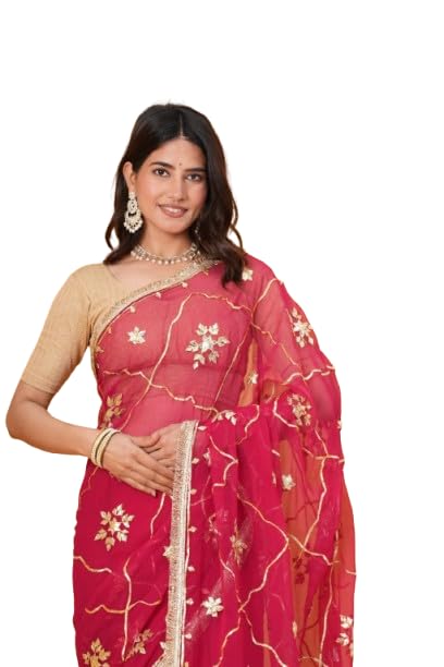 Image of Embroidered Organza Saree with Lace Border for Women | Organza Saree for Wear in Occasions | Elegant Ethnic Wear | Red Pink