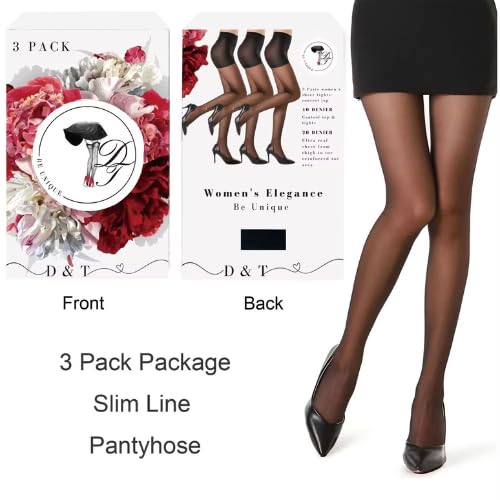 Image of D&T 3 Pairs of Women's Sheer Tights - 20D Control Top Pantyhose with Reinforced Toes