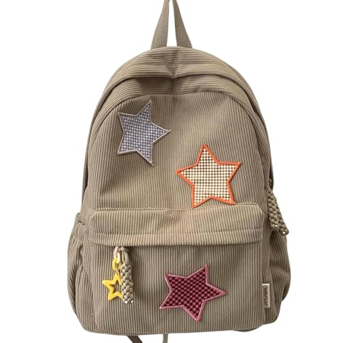 Corduroy Backpack with Star Pattern, Trendy and Versatile, Fits 14'' Laptop Large Capacity Daily Commute (Khaki)