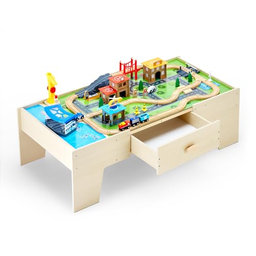 VEVOR Table Circuit Train Bois, 62 PCS, avec Rail de Train, Grand Tiroir Rangement, Table d'Activités 3 en 1 Double Face pour Jouer, Dessiner, Lire, Manger,...