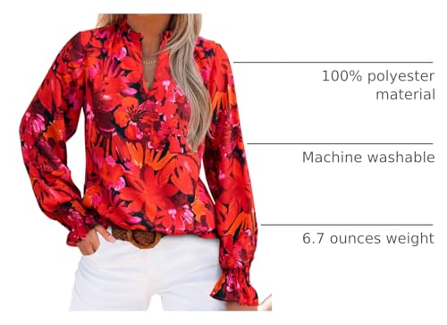 MASCOMODA Womens V Neck Floral Long Sleeve Tops 2025 Summer Casual Loose Puff Sleeve Chiffon Boho Work Blouse Dressy T Shirts