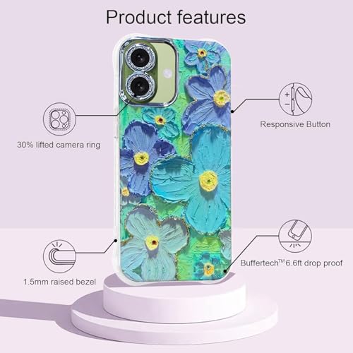 Image of Elzzi Compatible with iPhone 17 Case Oil Painting Flower Colorful with Lens Prtotection Shockproof PC+TPU Glossy Back Cover for Girls Women, Green