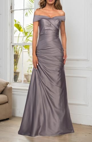 Off Shoulder Mother of Bride Dresses for Wedding Satin Long Evening Gowns Ruched Mermaid Formal Dress2