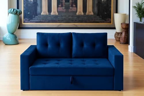 Image of FURNY Tressa 2 Seater Fabric Easy Pull-Out Sofa Cum Bed (Dark Blue) Premium Velvet Finish | Durable Comfort | Ideal for Living Room, Bedroom