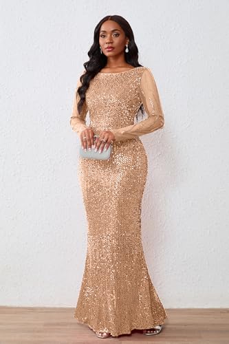 Image of VERWIN Women's Sequins Bodycon Round Neck Long Sleeve Sparkly Mermaid Maxi Dress for Casual Party Cocktail