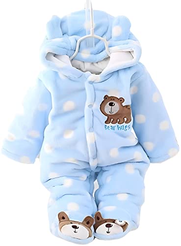 Image of BRANDONN BRANDONN Unisex Baby Flannel Polka Print Jumpsuit Panda Style Cosplay Clothes Bunting Outfits Snowsuit Hooded Romper Outwear (Sky Blue, 12-18 Months)