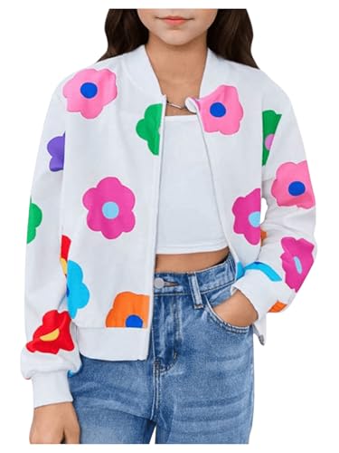 WDIRARA Girl's Floral Print Zip Up Bomber Jacket Long Sleeve Baseball Coats Outerwear