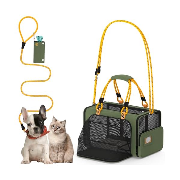 PAWZIDEA Expandable Pet Carrier w/ID Card, 18X11X11 TSA Airline Approved Cat Carrier for 2 Cats Under Seat, Soft-Sided Collapsible Small Dog Carrier Car Seat Travel Bag, Shoulder Strap as Dog Leash