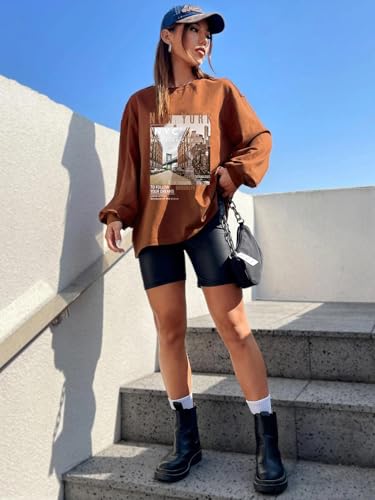 Image of CHKOKKO Oversized Round Neck Drop Shoulder Printed Polyester Full Sleeves T-Shirt for Women