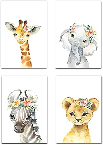 Image of MARIA Safari Nursery Set - 4 UNFRAMED Flower Crown Watercolor Wall Art, Jungle Theme Baby Room Decor for Girls & Boys, Woodland Nursery (8x10 Inches)