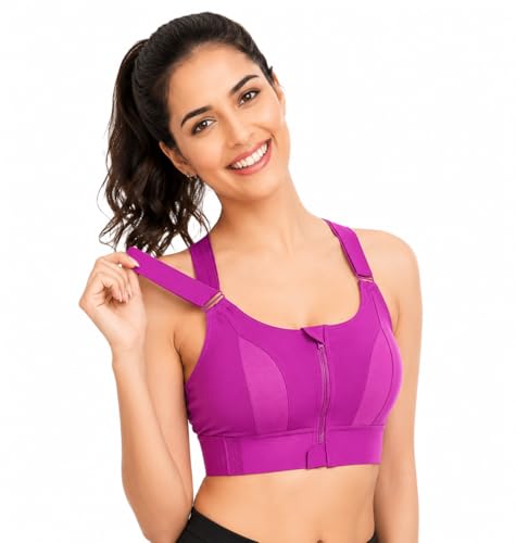 Image of Women Polyester Spandex High Impact Front Zip Sports Bra Fitness Criss Cross Back Crop Tops for Gym, Yoga & Workout - Size: M-4XL