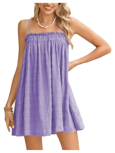 Image of MakeMeChic Women's Babydoll Dress Sleeveless Swing Shirred Mini Dresses | Beach, Summer, Sundress, Ruffle, Casual Dress, Flowy Dress
