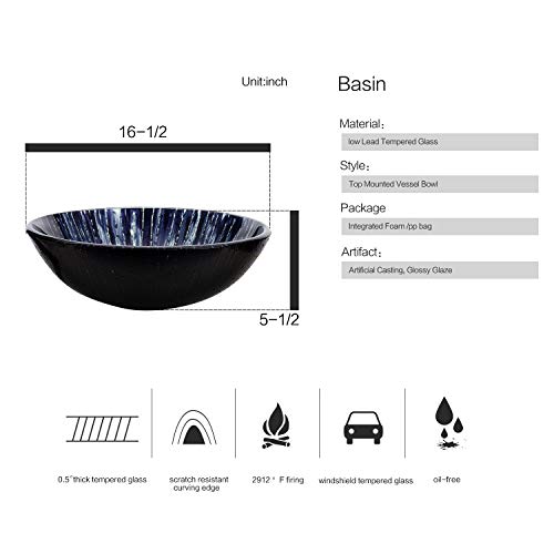 16.5 Inch Bathroom Vessel Sink Bowl and Faucet Combo - Oil Rubbed Bronze Faucet and Pop Up Drain - Tempered Glass