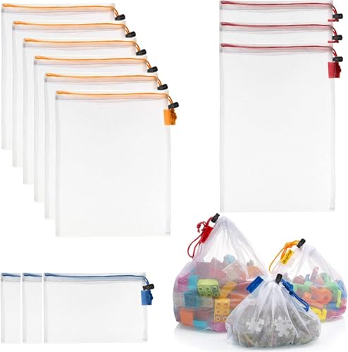 Reofrey 12 Bolsas de Malla de Almacenamiento y Organización de Juguetes, Lavable de Malla, Apto Para Ver a Través Con Cordón de Ajuste, Para Frutas, Almacenamiento y Juguetes, 3 Tamaños Diferentes