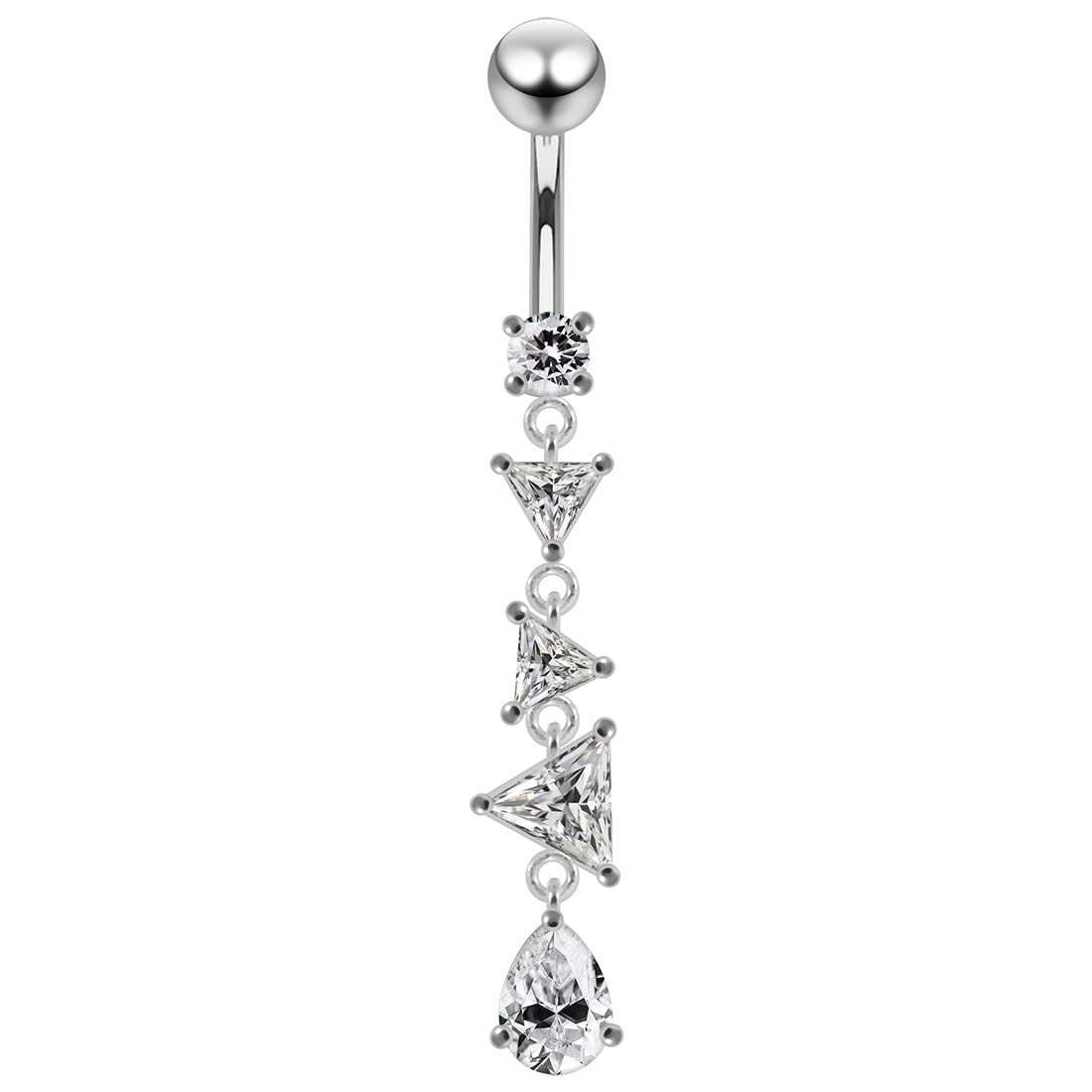 Silver Belly Rings CZ Crystal Gemstone Stylish Triple Triangle with Round and Teardrop Gem Dangling 925 Sterling Body Jewelry