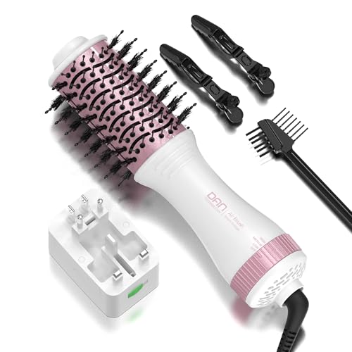 DAN Auto Dual Voltage Hair Dryer Brush, Travel Hair Dryer Brush with Multi-Function Plug Adapter