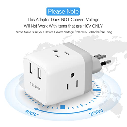 Brazil Plug Adapter, Tessan 5 In 1 Travel Power Adapter, 3 American Outlets With 2 Usb Charging Ports, Safe Grounded Plug, Us To Brazil Outlet Adaptor, Type N #TOP4