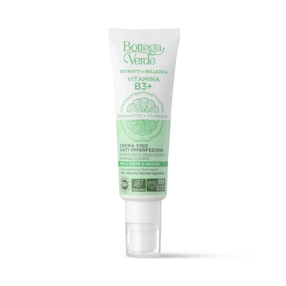 Bottega Verde - Vitamina B3+, Crema Viso Anti Imperfezioni, 50 ml, con Vitamina B3 e Bergamotto, Azione Purificante e Opacizzante, per Pelli Miste o Grasse
