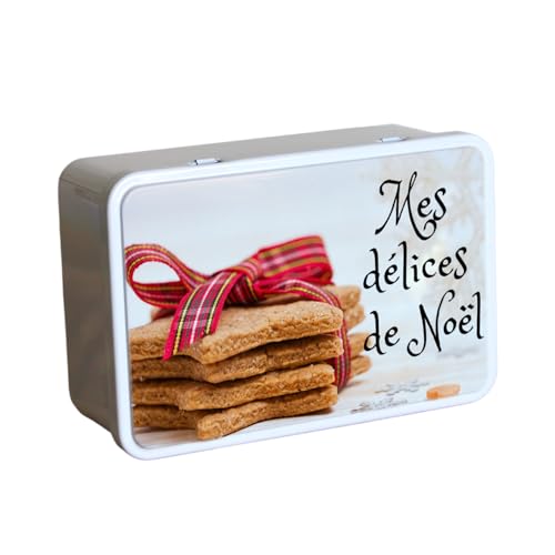 Boîteperso Boîte à biscuits Noël | Mes délices de Noël | Boîte en métal | Boîte conservation | Coffret décoratif Noël | Multifonction | 196x131x72mm | Fabrication Française