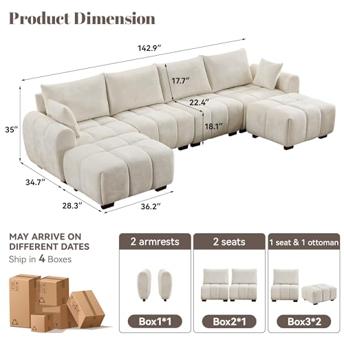 Image of 143 inch Oversized Cloud Couch Sectional, Comfy U Shaped Couch with Two Ottomans and Solid Wood Legs, Mid Century Modern Modular Sectional Couches for Living Room, Tufted Sofas for Living Room, Beige