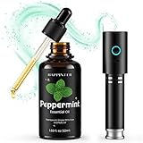 HAPPINTER [Super 2 in 1] Peppermint Essential Oil + Metal Mini Diffuser/Humidifier, 100% Pure Mint E